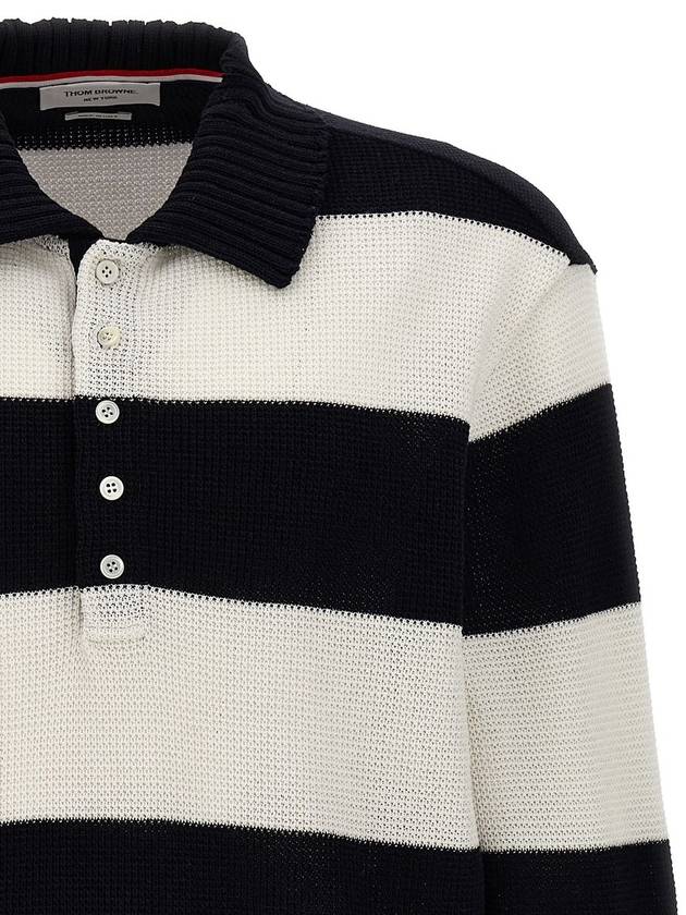 Striped Cotton Long Sleeve Polo Shirt Navy - THOM BROWNE - BALAAN 4