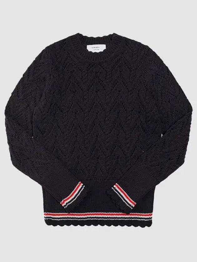 Women's Pointel Cable Merino Wool Pullover Knit Top Navy - THOM BROWNE - BALAAN 2