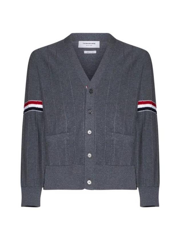 RWB V-neck Striped Virgin Wool Cardigan Grey - THOM BROWNE - BALAAN 2