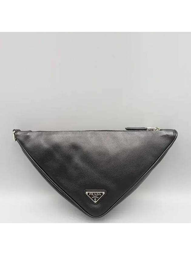 1NE039 Black leather triangle embossed lettering logo pouch clutch bag wrist strap - PRADA - BALAAN 4