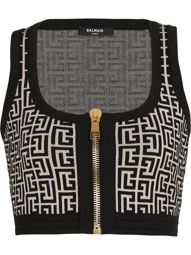 Monogram Jacquard Zip-up Crop Knit Sleeveless Black - BALMAIN - BALAAN 2