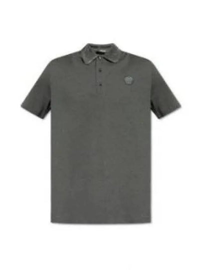 Men's Greca Embroidered Logo Short Sleeve Polo Shirt Grey - VERSACE - BALAAN 2