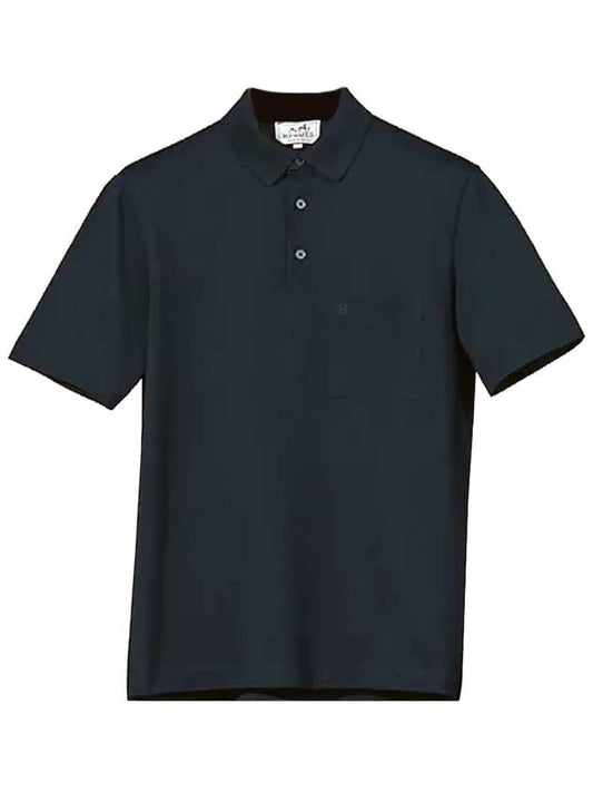 Men's Embroidered H Button PK Shirt Marine - HERMES - BALAAN 1