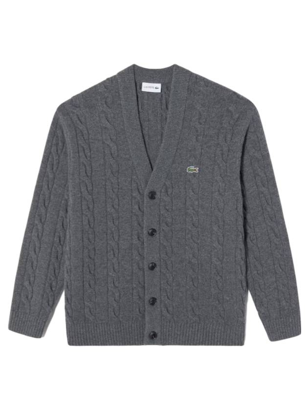 Men's Cable V Neck Cardigan Charcoal - LACOSTE - BALAAN 1