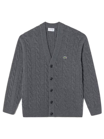 Men's Cable V Neck Cardigan Charcoal - LACOSTE - BALAAN 1