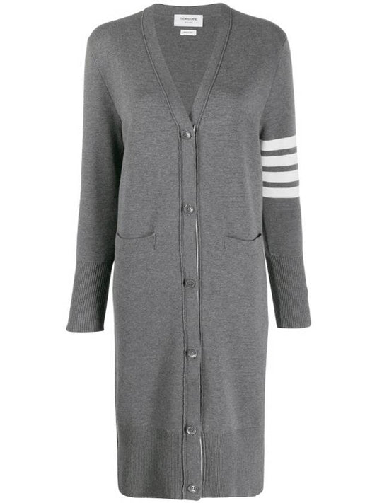 Cotton Crepe Milano Stitch 4-Bar Long V-Neck Cardigan Medium Grey - THOM BROWNE - BALAAN.