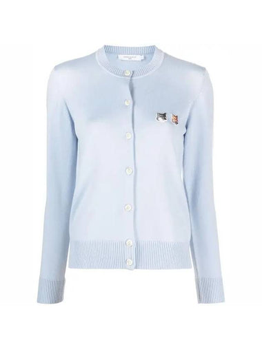 Double Fox Head Patch Round Neck Cardigan Pale Blue - MAISON KITSUNE - BALAAN 1