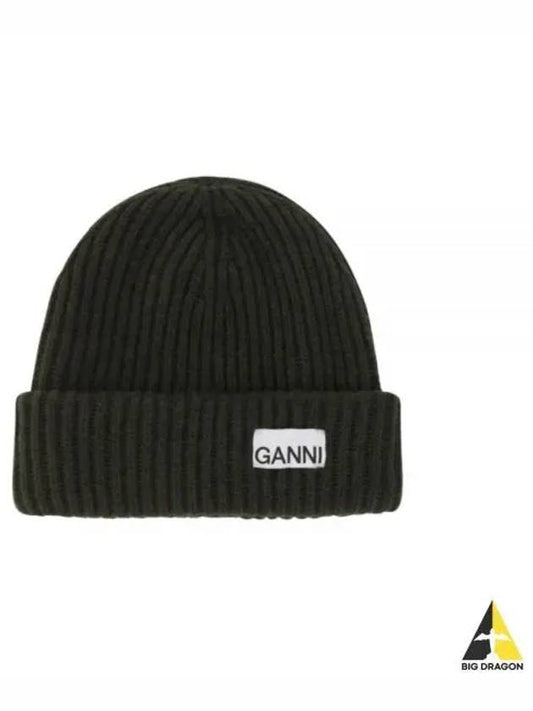 Logo Patch Knit Beanie Green - GANNI - BALAAN 2