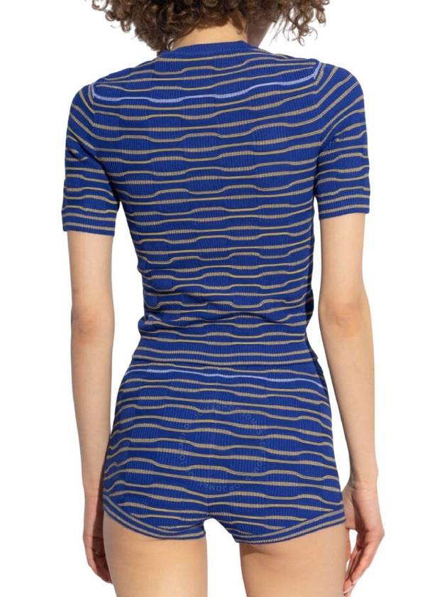 Striped Cotton Blend Short Sleeve Knit Top Blue - BURBERRY - BALAAN 3
