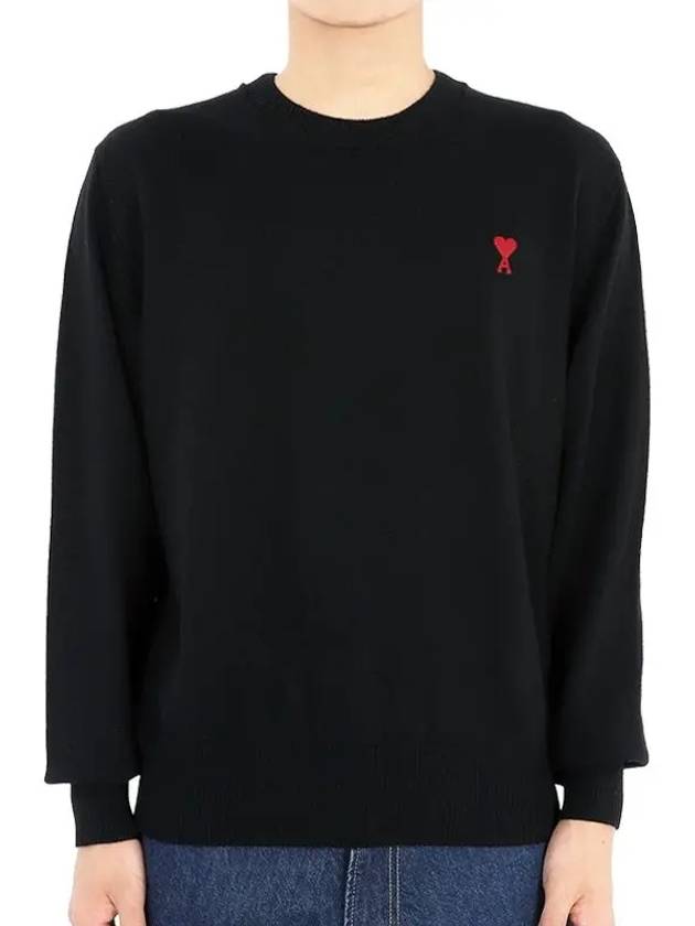 Heart Embroidered Logo Crew Neck Knit Top Black - AMI - BALAAN 3