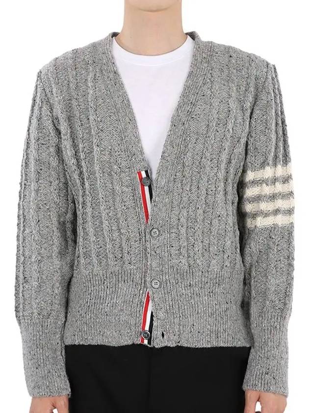 Donegal Twist Cable 4 Bar Classic V Neck Cardigan Light Grey - THOM BROWNE - BALAAN 3