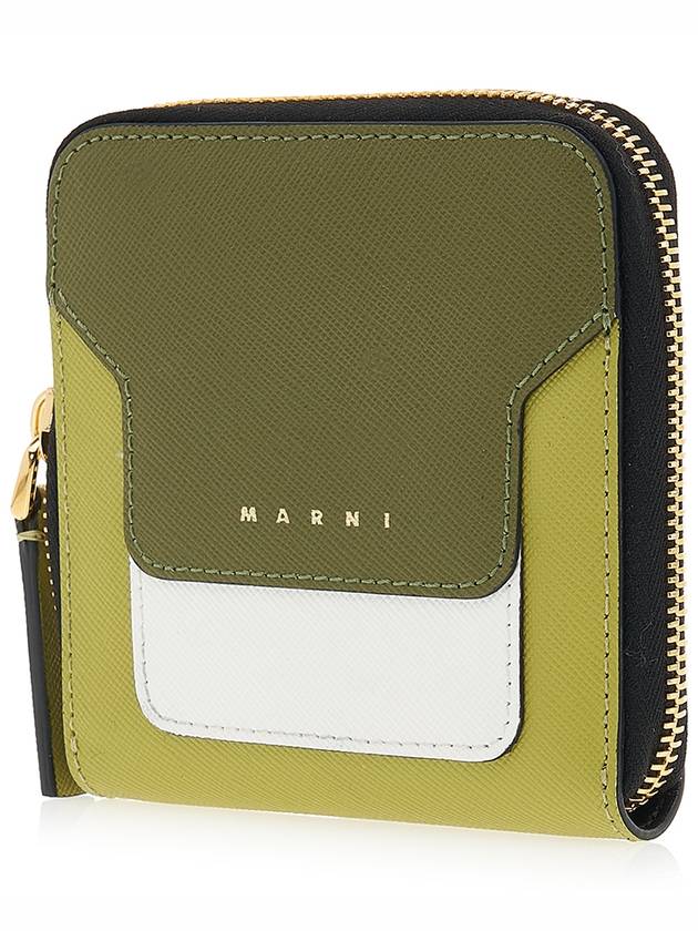 Logo Printed Round Zip Leather Half Wallet Green - MARNI - BALAAN 3