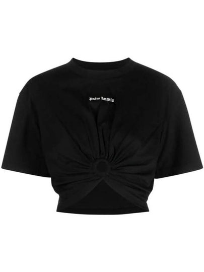 Embroidered Logo Cut-Out Detailed Short Sleeve T-Shirt Black - PALM ANGELS - BALAAN 2