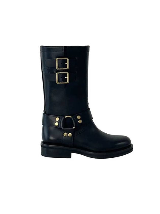 Harness Vegetable Tanned Calfskin Mid Biker Boots Black - CELINE - BALAAN 1