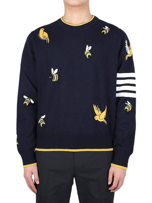 Cotton Merino Birds & Bees Intrasia 4 Bar Crew Neck Pullover Knit Top Navy - THOM BROWNE - 2