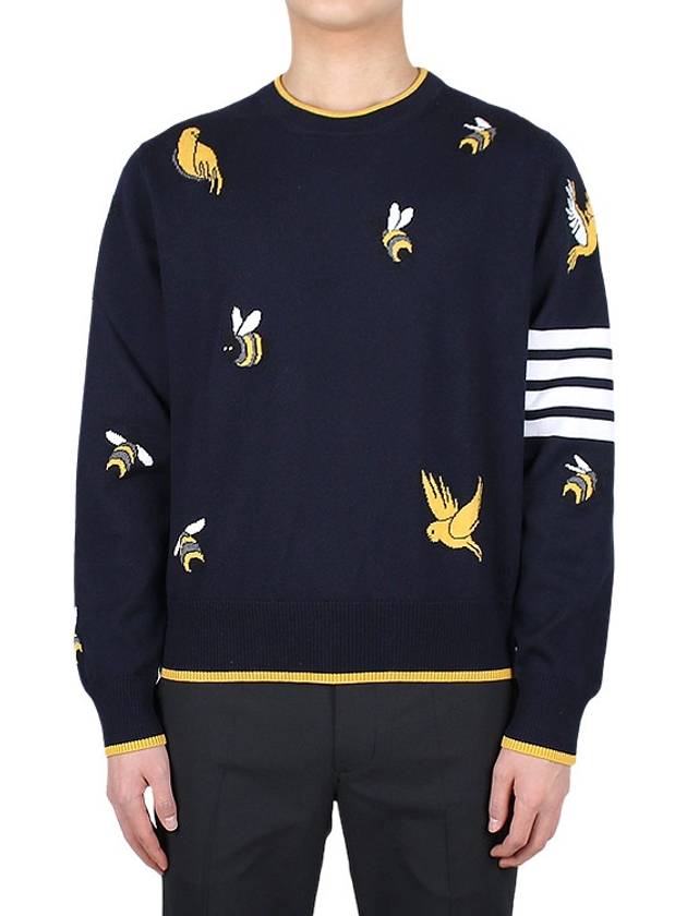 Cotton Merino Birds & Bees Intrasia 4 Bar Crew Neck Pullover Knit Top Navy - THOM BROWNE - BALAAN 2