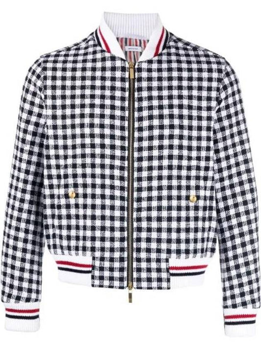 Gingham Boucle Knit Rib Cotton Bomber Jacket Navy - THOM BROWNE - BALAAN 1