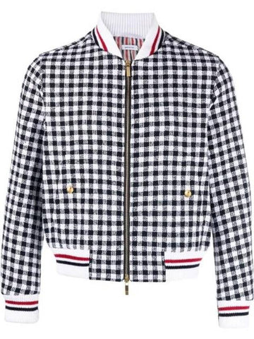 Gingham Boucle Knit Rib Cotton Bomber Jacket Navy - THOM BROWNE - BALAAN 1