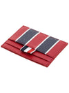 Striped Pebble Grain Leather Single Card Wallet Red - THOM BROWNE - BALAAN 5