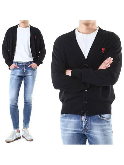 Red Heart Logo Merino Wool Cardigan Black - AMI - BALAAN 2