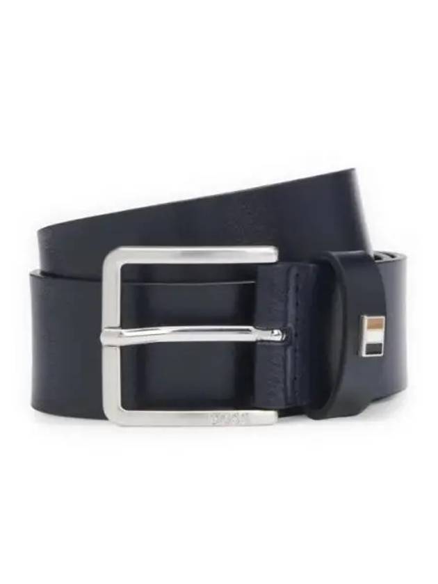 Signature Stripe Silver Buckle Logo Leather Belt Navy - HUGO BOSS - BALAAN 2