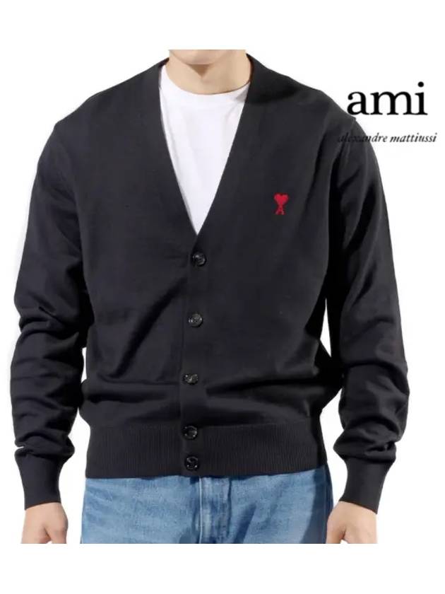 Red Heart Logo Merino Wool Cardigan Black - AMI - BALAAN 2