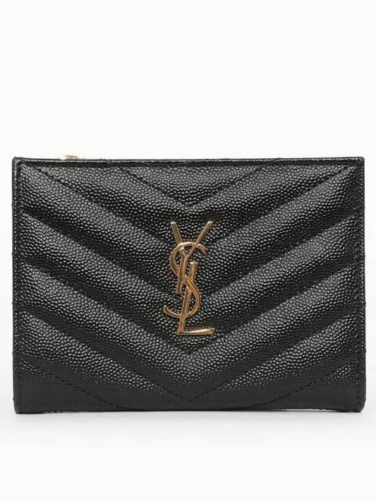 Grain Leather Quilted Stitch Card Wallet Black - SAINT LAURENT - BALAAN 2