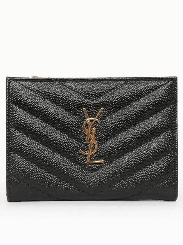 Grain Leather Quilted Stitch Card Wallet Black - SAINT LAURENT - BALAAN 3