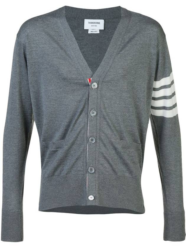 Men's Classic V-neck Merino Wool Cardigan Medium Grey - THOM BROWNE - BALAAN 3