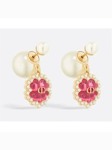 Tribales Resin Pearl Bright Pink Glass Earrings Gold - DIOR - BALAAN 1