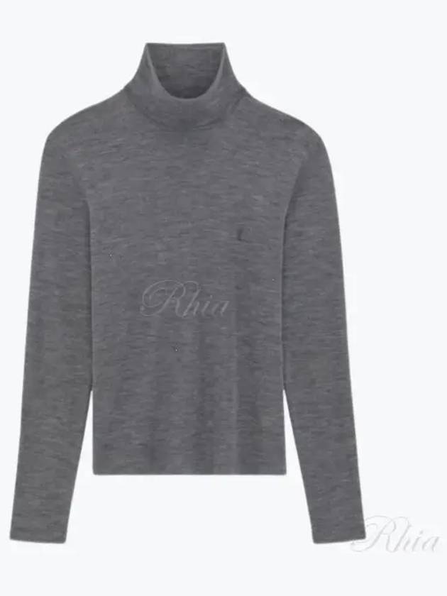 Embroidered Logo Roll Neck Wool Knit Top Grey - SAINT LAURENT - BALAAN 2