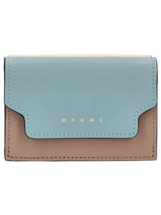 Saffiano Leather Short Wallet Aquamarine Natural Talc - MARNI - BALAAN 1