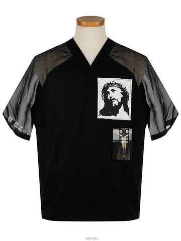 6217 035 001 Men's seethrough sleeve Jesus patch black short sleeve - GIVENCHY - BALAAN 1