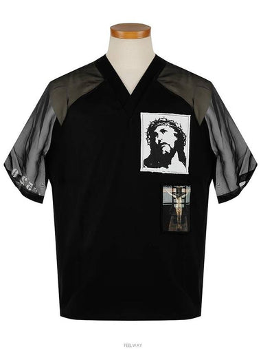 6217 035 001 Men's Seethrough Sleeve Jesus Patch Black Short Sleeve TShirt - GIVENCHY - BALAAN 1