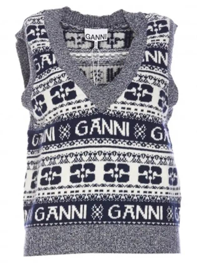 Logo Wool Mix Vest Knit Top Sky Captain - GANNI - BALAAN 3