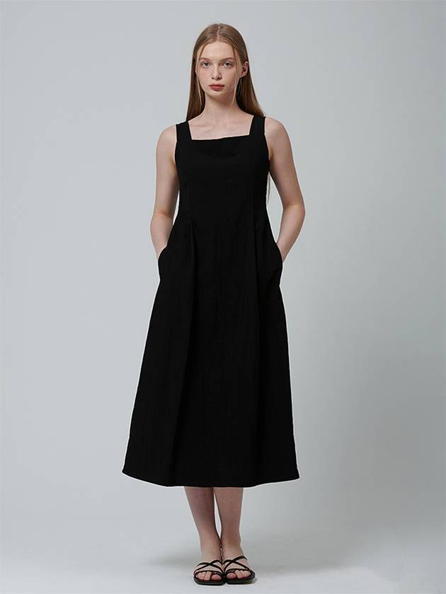 Square Neck Pin Tuck Sleeveless Midi Dress Black - PINBLACK - BALAAN 1