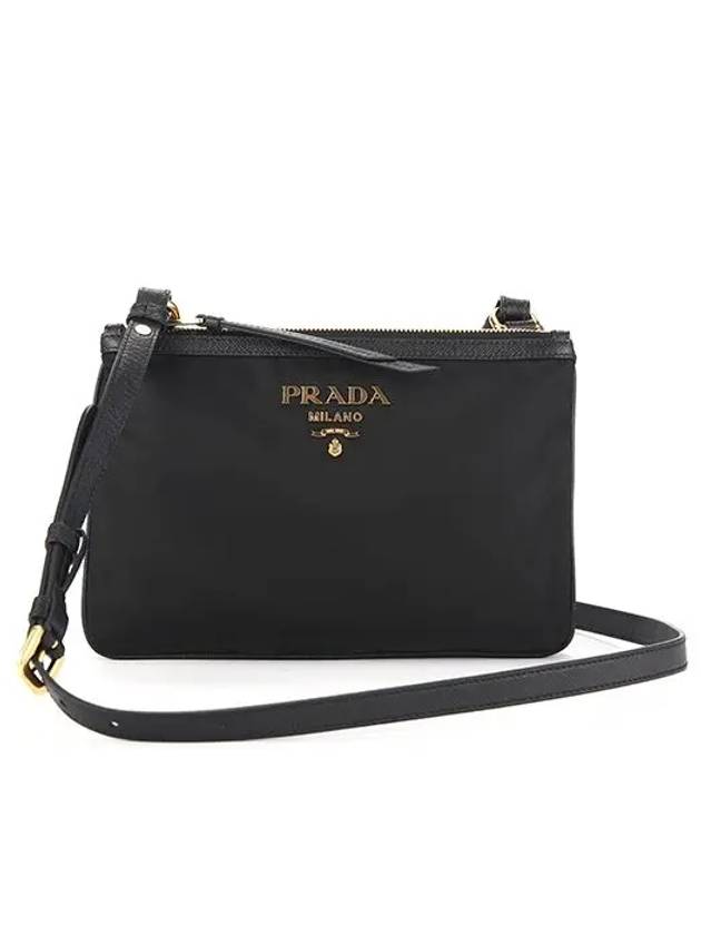 Gold Logo Double Zip Nylon Cross Bag Black - PRADA - BALAAN 2