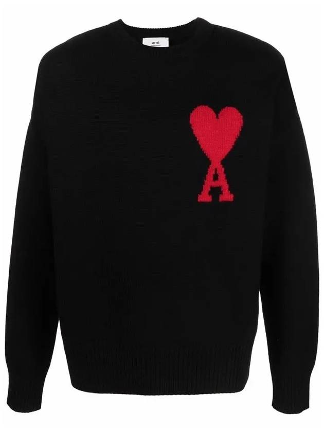 Big Heart Logo Overfit Wool Knit Top Black - AMI - BALAAN 2