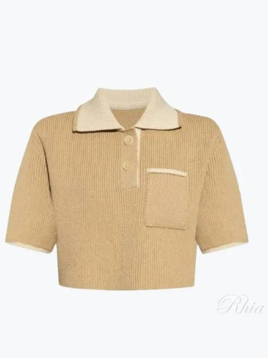 Le Maille Arco Contrasted Cropped Knit Polo Shirt Beige - JACQUEMUS - BALAAN 2