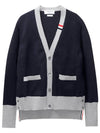 Three Stripe V Neck Cotton Cardigan Navy - THOM BROWNE - BALAAN 2