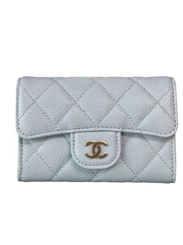 Classic Gold Logo Grained Shiny Calfskin Card Wallet Light Blue - CHANEL - BALAAN 1