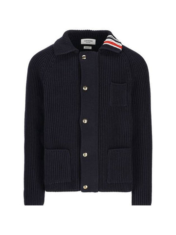 Striped Raglan Stitched Cotton Cardigan Navy - THOM BROWNE - BALAAN 1