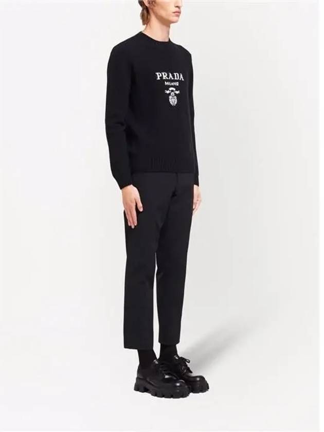 Embroidered Logo Wool Cashmere Crew Neck Knitted Sweater  Black - PRADA - BALAAN 4