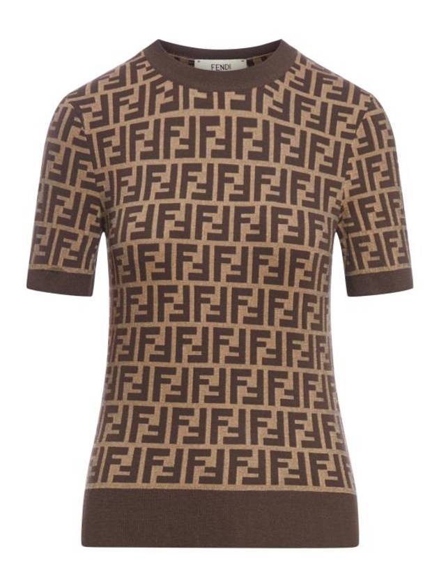 FF Cotton Crew Neck Short-Sleeved Knit Top Brown - FENDI - BALAAN 1