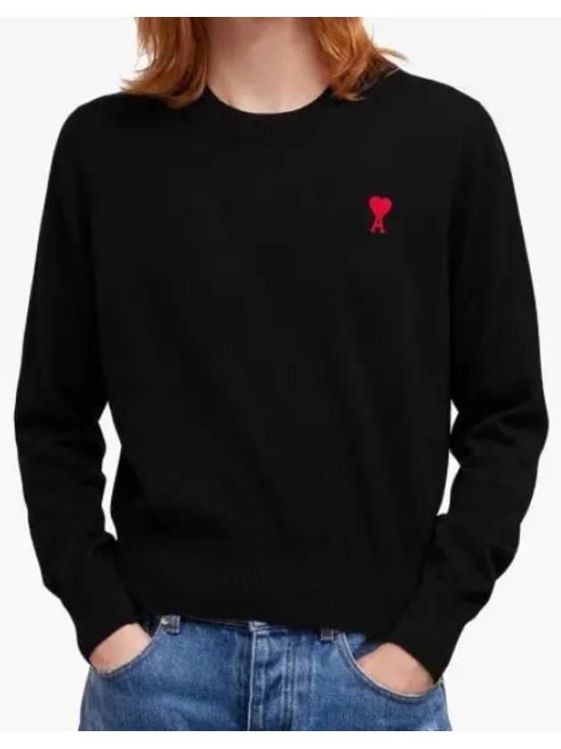 Heart Embroidered Logo Crew Neck Knit Top Black - AMI - BALAAN 3