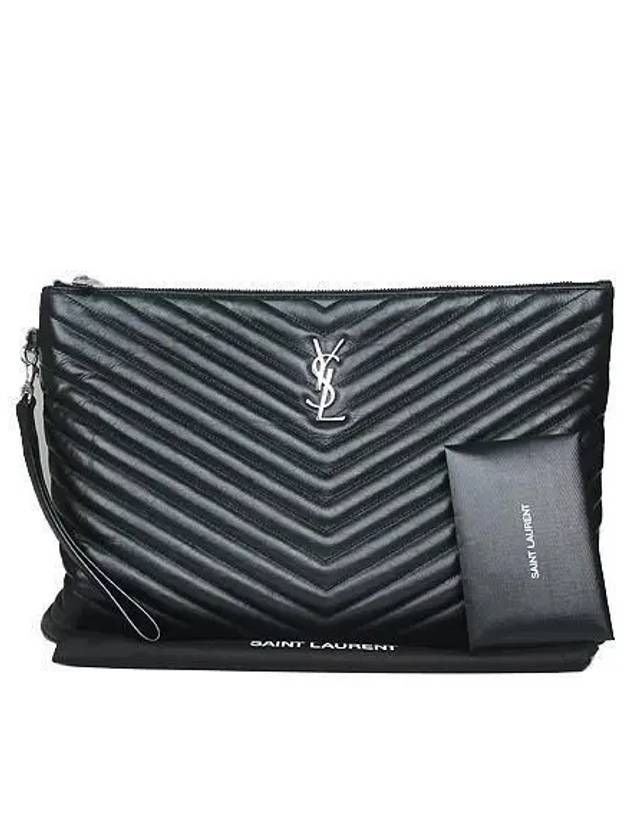 440222 YSL silver logo black lambskin matelass strap clutch bag - SAINT LAURENT - BALAAN 1