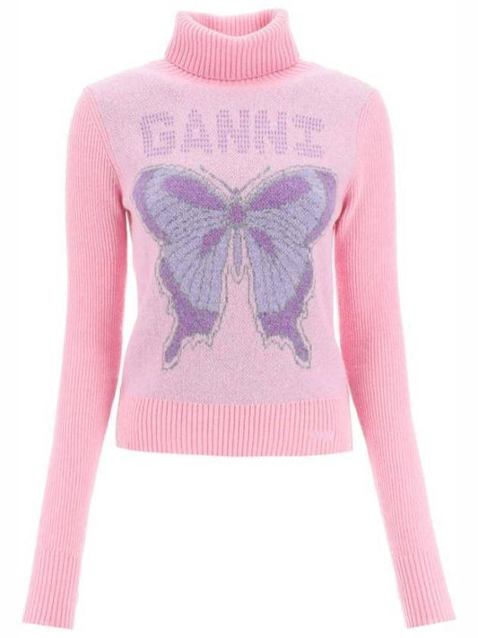 Women's Butterfly Logo Knit Turtleneck Pink - GANNI - BALAAN 1