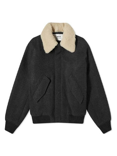 Shearling Collar Wool Zip-Up Jacket Heather Grey - AMI - BALAAN 2