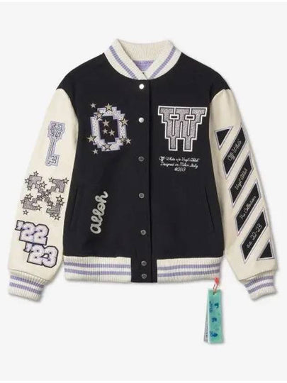 Women's Bling Patch Varsity Bomber Jacket Black - OFF WHITE - BALAAN 2