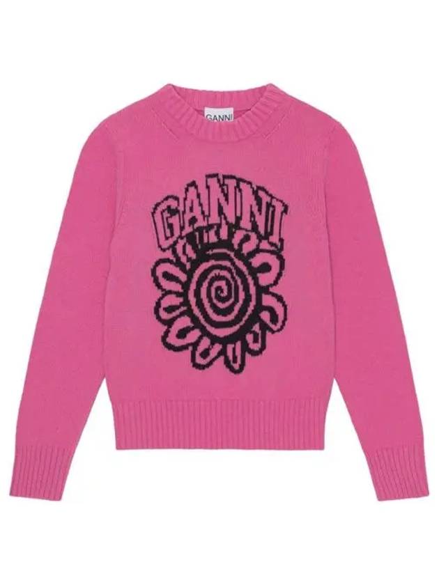 Pink Flower Graphic O-Neck Knit Top Pink - GANNI - BALAAN 2